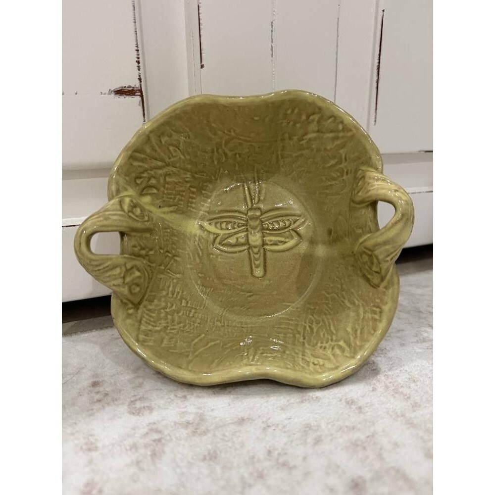 MC & Jim Jerkins Studio Pottery Dragonfly Handled Dish Olive Green Signed